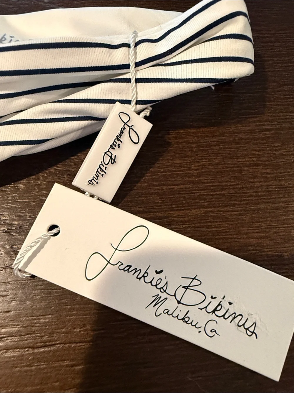 Frankie’s Bikinis Striped White & Navy Thong Bikini Bottom